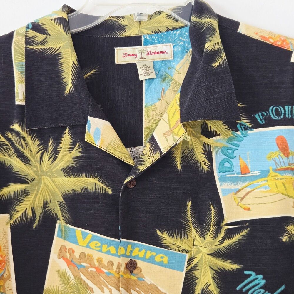 Tommy Bahama Size XL 100% Silk Hawaiian Camp Shirt California Beach Surf Posters